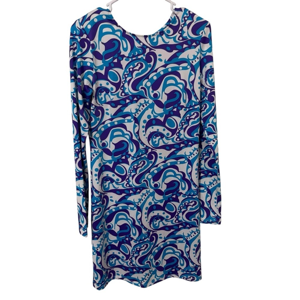 JB Julie Brown retro twiggy psychedelic Blue Swirl Long-Sleeve Shift Dress L